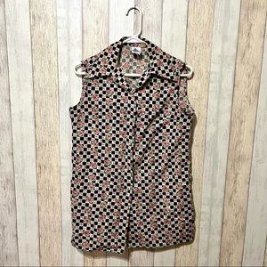Vintage 1970s Checkerboard & Floral Sleeveless Blouse